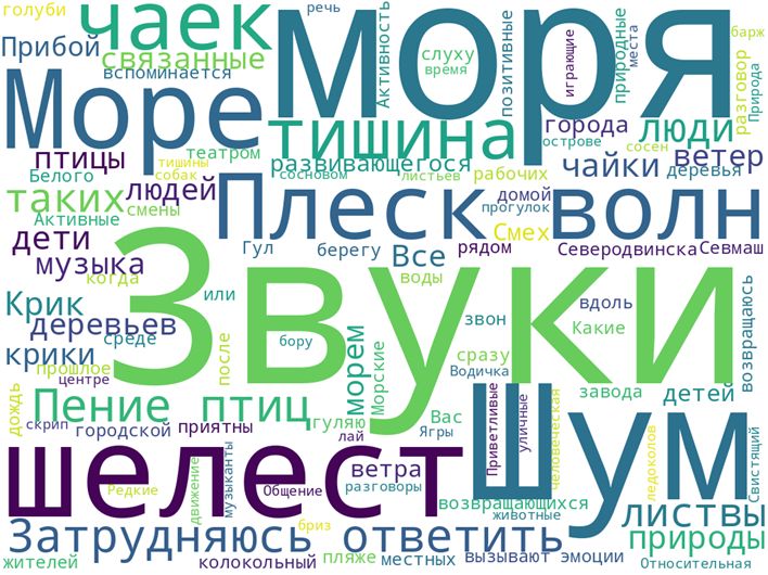 Звуковые ассоциации с Северодвинском среди туристов. В числе главных – море, ветер, чайки, птицы и ощущение тишины. По материалам презентации Елизаветы Коноваловой.